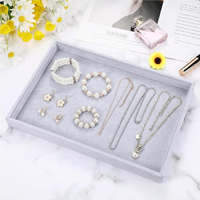 Quelay Velvet Stackable Jewelry Tray Showcase Display, Jewelry Organizer Tray Bracelet Ring Earring Necklace Organizer Empty Plate for Drawers Countertop (Grey,6 Pcs)