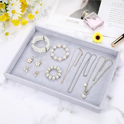 Quelay Velvet Stackable Jewelry Tray Showcase Display, Jewelry Organizer Tray Bracelet Ring Earring Necklace Organizer Empty Plate for Drawers Countertop (Grey,6 Pcs)