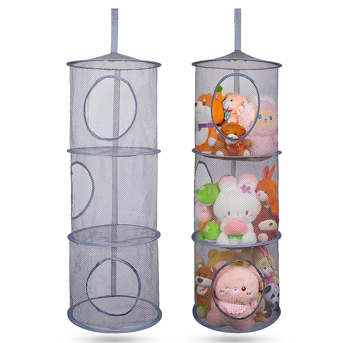 Basumee Stuffed Animals Net or Hammock 2 Pcs Stuffed Animals Storage Toy Net Hammock for Plushies Storage Organizer Mesh Kids Girls Room Decor, Gray, 3 Tiers
