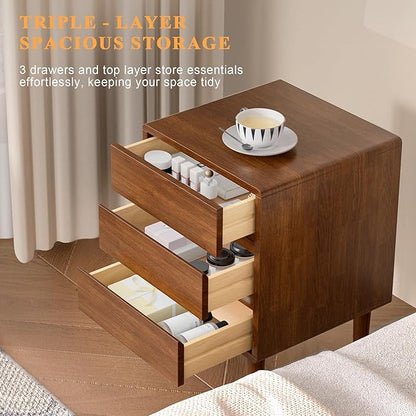 Nightstand with 3 Drawers Narrow Night Stand Solid Wood Bedside Table Mid Century Modern Nightstand Wooden End Table for Bedroom, Living Room, Study, Office