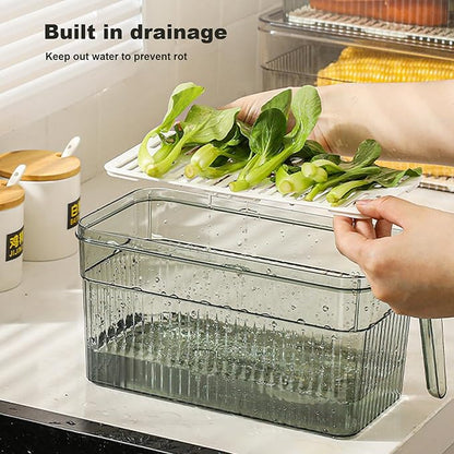 Fruit Storage Containers For Fridge, Fridge Organizer, Set of 3 Transparent Refrigerator Food Storage Box Stackable with Lid and Handle, Fruit Vegetable Containers for Kitchen