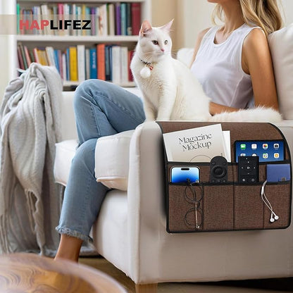 HAPLIFEZ Remote Holder for Recliner Armchair & Couch, Non Slip Sofa Armrest Organizer Caddy with 6 Pockets Thick Linen Fabric Storage for Tablet, Phone, iPad, Magazine, 19x35 Inches, Brown