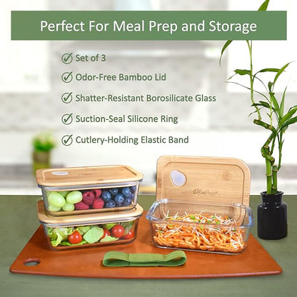 EcoPreps Glass Meal Prep Containers with Bamboo Lids (3 Pack) - 100% Plastic Free, Eco-Friendly Lunch Containers, Bamboo Lid Storage Container Set - Microwave Safe Glass Food Storage Container Set