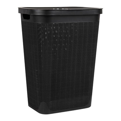 Mind Reader 60L Slim Laundry Hamper, Clothes Basket, Lid, Linen Design, Plastic, Black