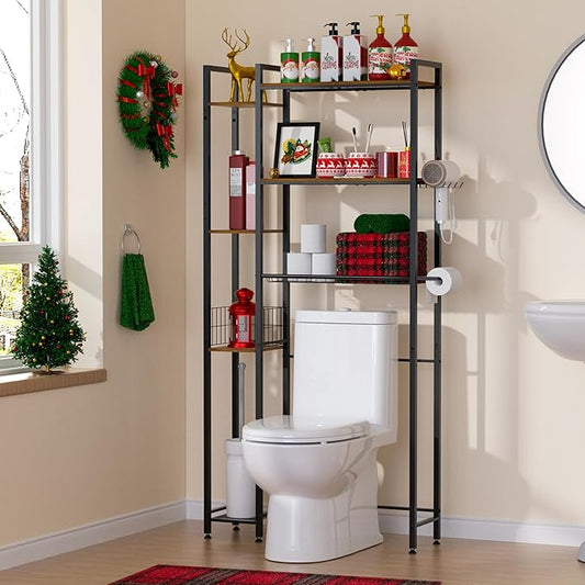 QOOIE Over The Toilet Storage with Wooden Shelves and Side Rack, 7-Tier Metal Over Toilet Bathroom Organizer Freestanding Storage Shelf for Toilet Paper, Towels, Toiletries, Ideal for Small Bathroom