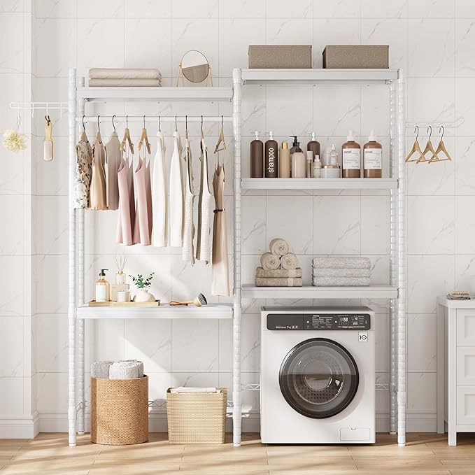 30" 5-Tier Over Washer Dryer Storage Shelf, Adjustable Laundry Room Shelves Organizer with Hanging Rod Hooks, Laundry Folding Station Rack for Top Load Machines, White