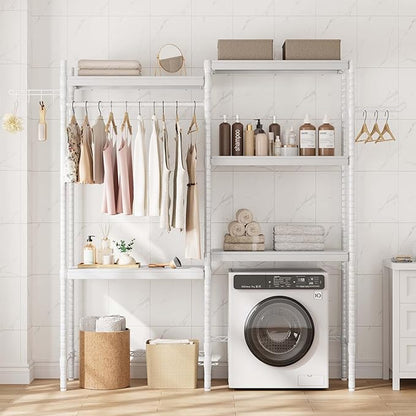 30" 5-Tier Over Washer Dryer Storage Shelf, Adjustable Laundry Room Shelves Organizer with Hanging Rod Hooks, Laundry Folding Station Rack for Top Load Machines, White