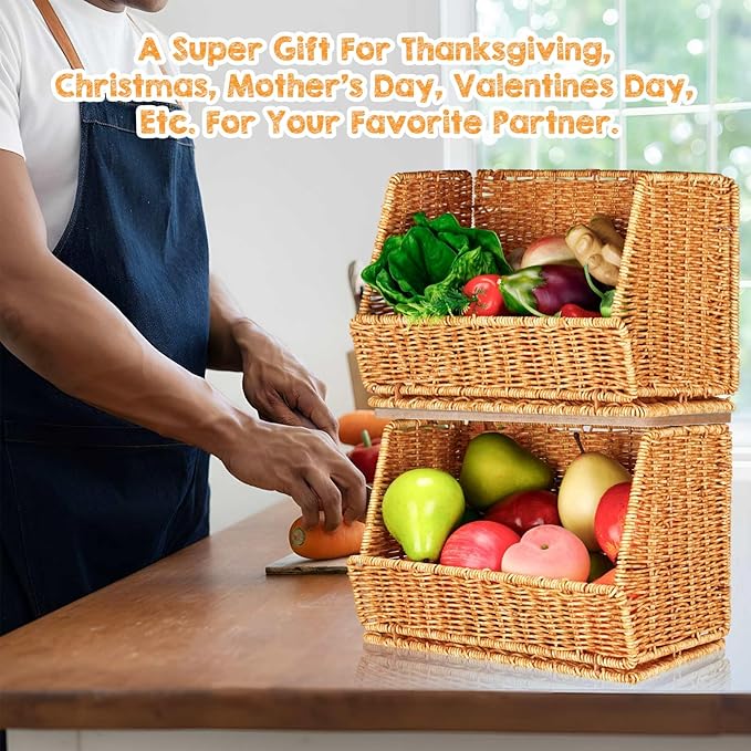 2 Tier Fruit Basket for Kitchen Counter Stackable Wall Mounted Hanging Basket Wicker Hanging Baskets with Wood Lid for Onion Fruit Vegetable Storage