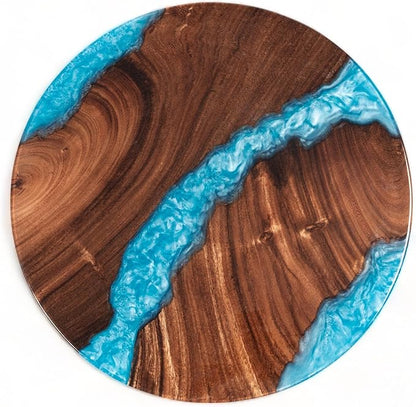 Handmade Reversible 16" Wood and Epoxy Resin Lazy Susan, Turntable for Kitchen Countertop, Rotating Display Stand, Organizer and Storage for Dining Table, Cup Board, Home Decor (Light Blue)