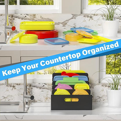 Kiasthome Bamboo Lid Organizers Inside Cabine, Lid Organizer Kitchen Cabinet with 5 Adjustable Dividers, Food Container Plastic Lids Organizer Holders for Drawer Pantry, Black