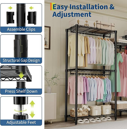 Heavy Duty Portable Closet Wardrobe Load 1874LBS,Metal Clothes Rack Garment Rack Free Standing Closet Organizers and storage with 8 Adjustable Shelves, 5 Hanging Rods 76.5"H x 73.6"L x 17.4"W