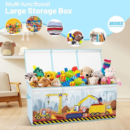 Toy Storage Bin with Lids,Extra Large Toy Box Chest with Handles for Kids Boys Girls,Collapsible Storage Organizer Box Bin Basket for Bedroom,Playroom, Nursery,37.8"x12.6" x15.7",Engineering vehicle