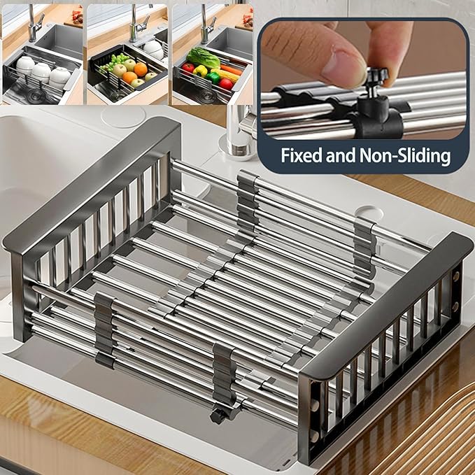 Large Dish Drying Rack for Kitchen Counter/Sink, Expandable Stainless Steel Sink Organization and Storage Essentials, Home and Appartment Decor, 8.86" W x 11.22"-18.5" L,Black