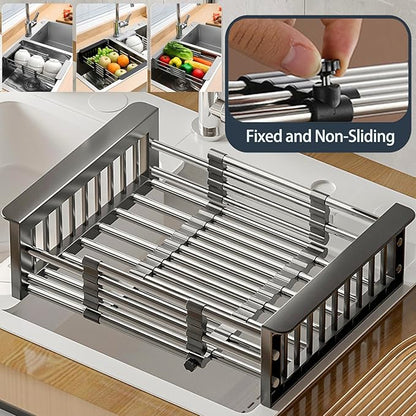 Large Dish Drying Rack for Kitchen Counter/Sink, Expandable Stainless Steel Sink Organization and Storage Essentials, Home and Appartment Decor, 8.86" W x 11.22"-18.5" L,Black