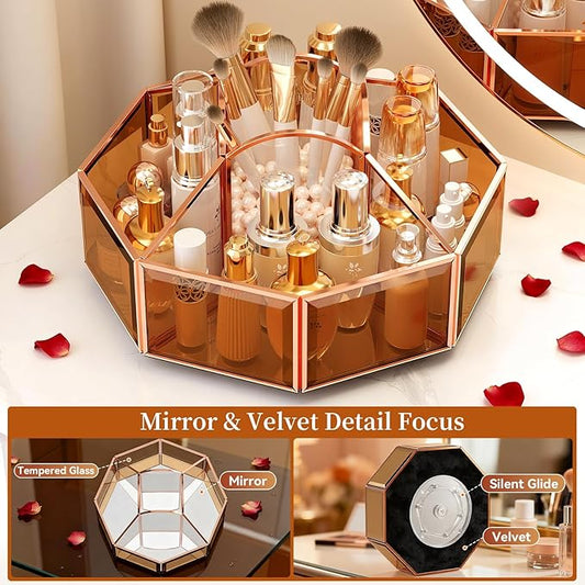 CoralHouse 360° Rotating Makeup Organizer Spinning Vanity Organizer with Makeup Brush Holder for Countertop, Bathroom Storage, Skincare, Perfume & Cosmetic Organizer for Vanity Amber