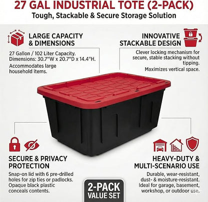27 Gal Industrial Tote,4 Pack Plastic Storage Bins with Lids Tough Large Storage Bin,Black with Red Lid Plastic Storage,Stackable & Nestable for Garage, Basement, or Outdoor (4 Pack)