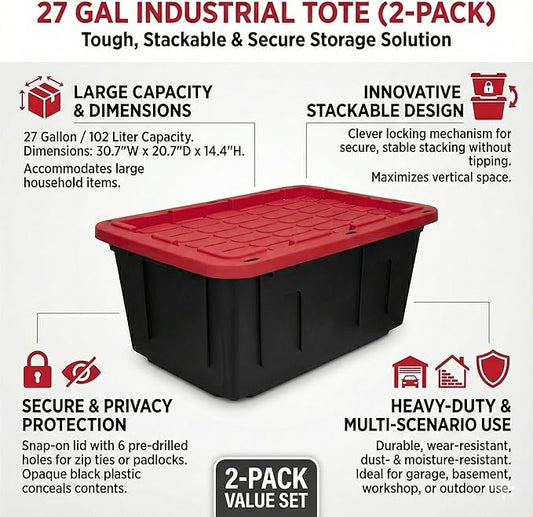 27 Gal Industrial Tote,4 Pack Plastic Storage Bins with Lids Tough Large Storage Bin,Black with Red Lid Plastic Storage,Stackable & Nestable for Garage, Basement, or Outdoor (4 Pack)