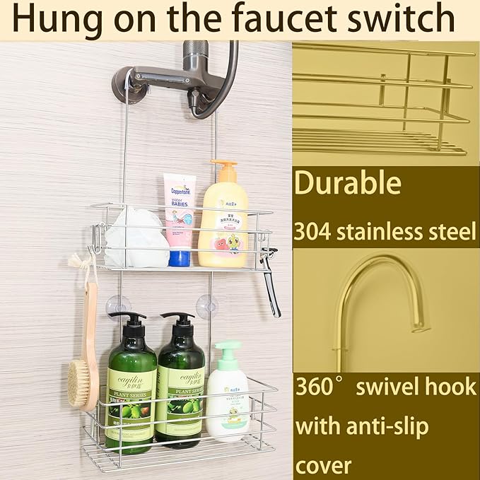 Seltomer Hanging Shower Rack Shower Caddy with Rotatable Hook bar Over the Door and Can be Hung on the Faucet or Claw Foot, 304 Stainless Steel Rust Proof and Durable (Double-Layer)