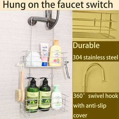 Seltomer Hanging Shower Rack Shower Caddy with Rotatable Hook bar Over the Door and Can be Hung on the Faucet or Claw Foot, 304 Stainless Steel Rust Proof and Durable (Double-Layer)