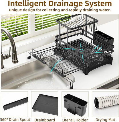 AULEEP 2 Tier Dish Drying Rack, 2-in-1 Expandable Dish Drying Racks for Kitchen Counter, Anti-Rust Large Dish Drainers for Kitchen Sink with Dish Drying Mat, Cups Holder, Utensil Holder