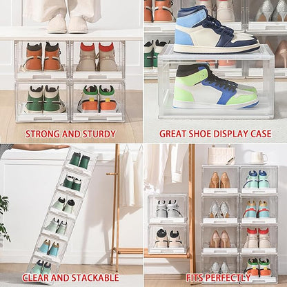 Tangyinus 2 Pack Clear Shoe Boxes - Stackable Sneaker Display Case with Sliding Tray and Door, Large Shoe Containers Up to Fit Size 14, Plastic Shoe Storage Box, Great Hat Organizer for Baseball Caps