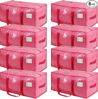 8 Pack Extra Heavy Duty Large Moving Bags with Comfortable Handle & Strong Zipper,Storage Totes for Space Saving Moving Storage College Supplies Alternative to Moving Box,Pink