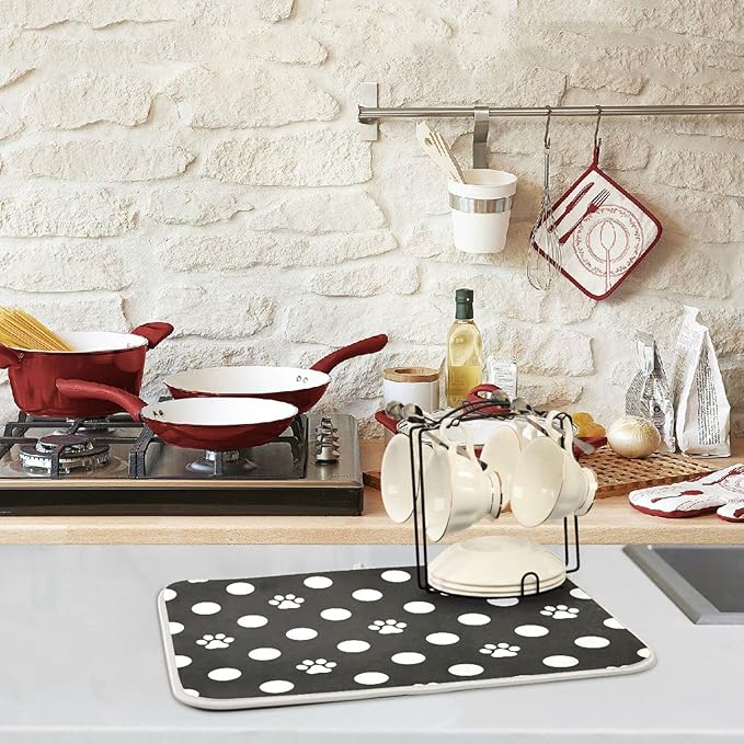 ZzWwR Cat Paw Dog Paw Foot Print Dots Absorbent Dish Drying Mat Large Microfiber Kitchen Countertop Table Protector Multi-Purpose Counter Rack Sink Drainer Pad (16" x 18")