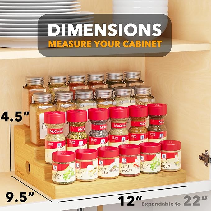 SpaceAid 4 Tier Bamboo Spice Rack Organizer for Cabinet, Kitchen Pantry Spices Storage Rack for Cabinets Organization, Home Seasoning Tiered Can Goods Racks Wood Shelf Organizers (4 Tier, Natural)