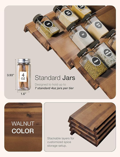 Tinamo Acacia Wooden Spice Rack Organizer for Cabinet - Spice Drawer Insert, Spice Organization for Cabinet, Seasoning Organizer, Spice Holder Pack of 8 (Walnut, Pack 4)
