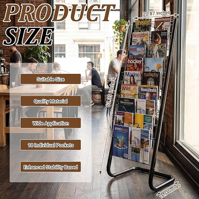 Zonon 57" Magazine Rack Floor Holder 18 Pockets Tiered Display Holder Floor Standing Brochure Display Stand for Books Newspaper Catalogs Libraries Retail Stores Shop Exhibitions Office