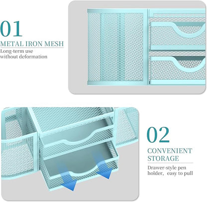 SUPEASY Mesh Desk Organizer, Desk Organizers and Accessories, Pen Holder with Drawers, Pencil Holder for Desk with 2 Drawer for Office Supplies, Blue
