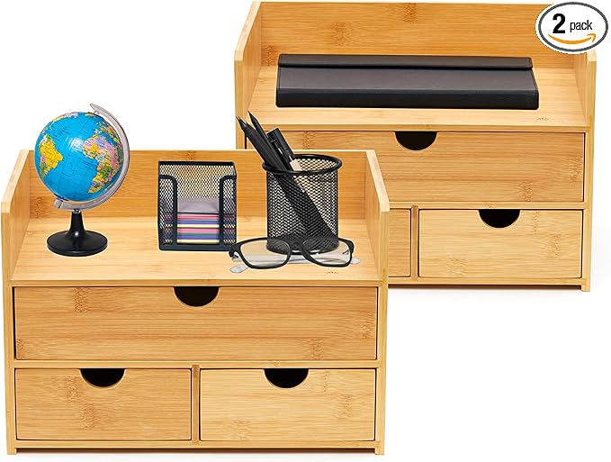 RoyalHouse Premium Natural Bamboo Desktop Organizer, Attractive Design 3 Tier, Table Top Storage for Documents, Office Supplies, Accessories And More, No Assembly Required, Pack of 2