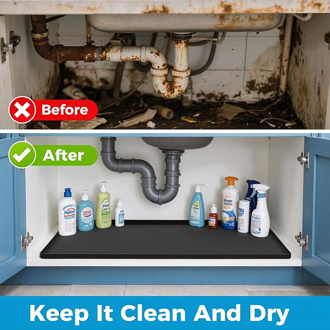 URMONA 37'' x 22'' Waterproof Silicone Under Sink Mat Cabinet and Counter Protector, Shelf Liner for Kitchen and Bathroom, Storage and Organizers, Litter Mat, Pet Cat Puppy Essentials（Charcoal）