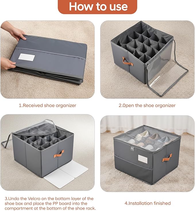 Chewlish Shoe Organizer for Closet, Foldable Shoe Storage Organizer Containers with Clear Cover, Space Saving Shoes Holder with Handles, Gray (2, Large)