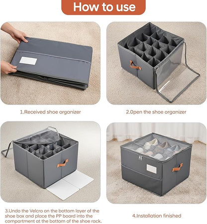 Chewlish Shoe Organizer for Closet, Foldable Shoe Storage Organizer Containers with Clear Cover, Space Saving Shoes Holder with Handles, Gray (2, Large)