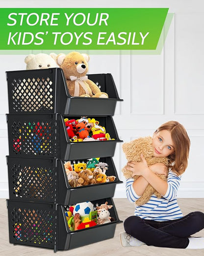 Skywin TidyFriend Plastic Stackable Bins for Pantry, 4 Pack Large Stacking Bins Open Front Kitchen, and Bathroom Organization, Open Front Design (Black)