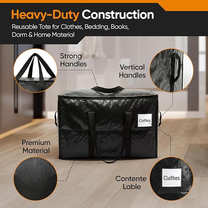 HOLDN’ STORAGE Extra Large Moving Storage Bag with Zipper Lid, Heavy Duty Reusable Tote for Clothes, Bedding, Books, Dorm & Home, Pack of 10 (Mix Pack)