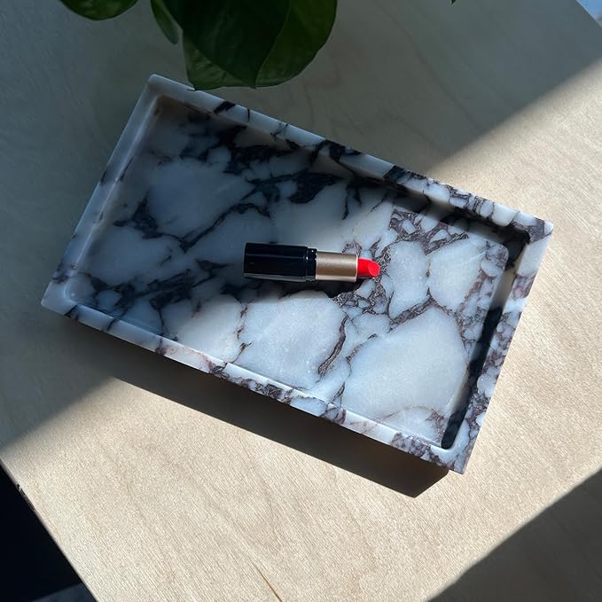 OAIQNUJ Natural Marble Vanity Tray, 9.8"x5.9" Genuine Calacatta Viola Marble Tray for Bathroom/Kitchen/Dresser