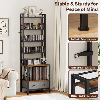 DVD Storage Vinyl Record Storage Rack, 6-Tier CD Rack Tower with Drawers for CDs, DVDs, Albums, Books & Games, Vinyl Record Holder & DVD Shelf Organizer for Living Room & Home Office, 20.8x11.8x63Inch