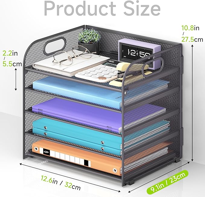 2 Pack 5 Tier Paper Organizer, Letter Tray with Handle, Mesh Desk Organizer, Metal File Organizer, Office Desk Accessories for Home, Office, Classroom, School -Grey