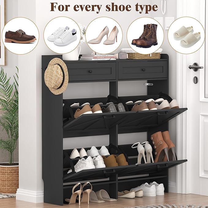 Shoe Cabinet with 4 Flip Drawers & 2 Storage Drawers, Rustic Farmhouse Narrow Shoe Organizer Cabinet, Slim Shoe Rack Cabinet, Shoe Storage Cabinet for Entryway, Hallway, Front Door
