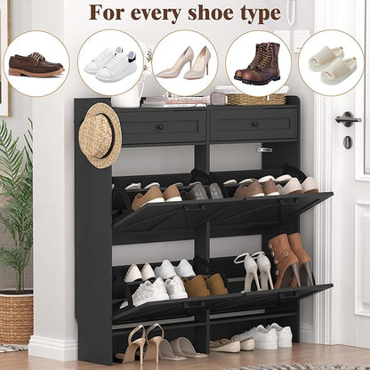 Shoe Cabinet with 4 Flip Drawers & 2 Storage Drawers, Rustic Farmhouse Narrow Shoe Organizer Cabinet, Slim Shoe Rack Cabinet, Shoe Storage Cabinet for Entryway, Hallway, Front Door
