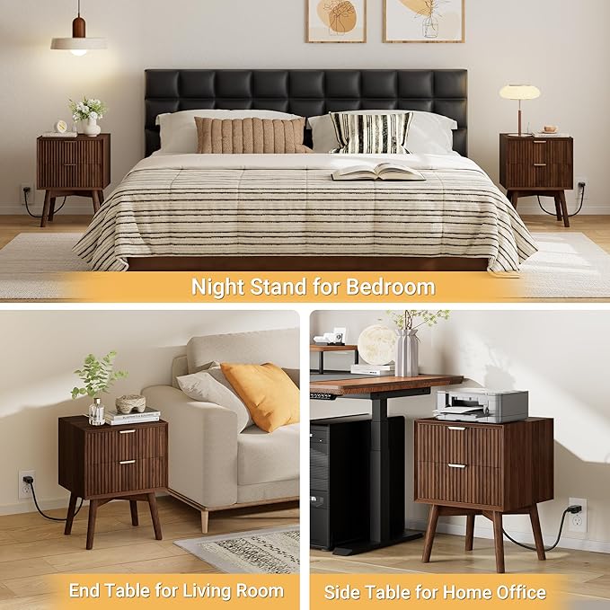 FavourLife Fluted Nightstand, Night Stand Set 2, Nightstands Set of 2 with Beveled Edges & Solid Wood Legs, 2 Drawer Wooden End Table with Charging Station, Modern Bedside Table for Bedroom, Walnut