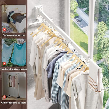 Clothes Drying Rack,Laundry Drying Rack Wall Mount, Wall Mounted Clothes Rack,Retractable,Collapsible(Tri-Fold),Drying Rack Clothing,can Fold Upward & Left & Right,Space Saver, White Color