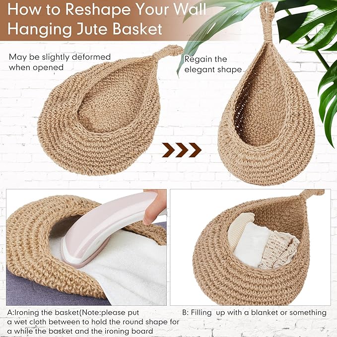 Honeydak Boho Decor Hanging Wall Baskets for Kitchen 3 Pack Teardrop Baskets with Hooks Storage Fruit Onion Vegetable Potato for Home 3 Sizes(Light Linen,Cotton Rope)
