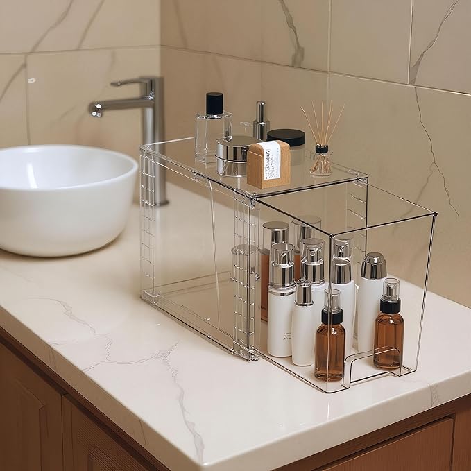 High Clear Stackable Storage Drawers(4 Pack), High-strength Plastic Organizer Bins with Handles for Skincare Bathroom Cabinet Vanity Undersink Kitchen Pantry BPA-Free Storage Containers