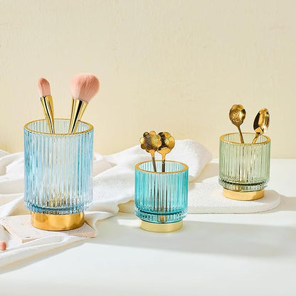 LEICURACE Makeup Brush Holder Organizer,Toothbrush Holders,Desk Pen Pencil Holder,Multifunctional Vintage Glass Brush Cup（L/Blue/A3-8-US）