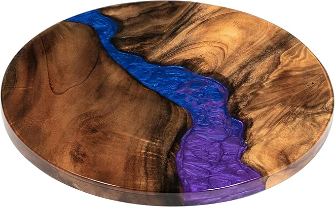 Handmade 16" Wood and Epoxy Resin Lazy Susan, Turntable for Kitchen Countertop, Rotating Display Stand, Round Wooden Platter, Organizer and Storage for Dining Table (Blue and Purple)