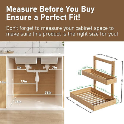 Bamboo Under Sink Organizer and Storage, 2 Tier Pull Out Cabinet Organizer, Slide Out Under Sink Storage Shelf, Undersink Organizers Shelves for Kitchen Bathroom Organization