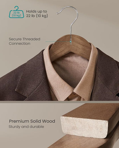 SONGMICS Extra Wide Wooden Suit Hangers, Set of 10 Clothes Hangers, Swivel Hooks, Non-Slip Bars, for Outfits, Suits, Coats, Shirts, Dresses, Walnut Color UCRW050KZ01